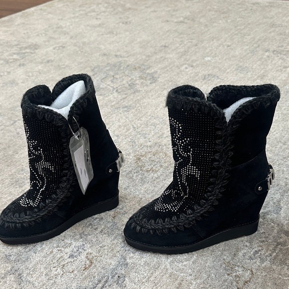 Mou brand- Black Suede Women's Boots with Rhinestone Detail - wedge heel inside - Picture 8 of 8